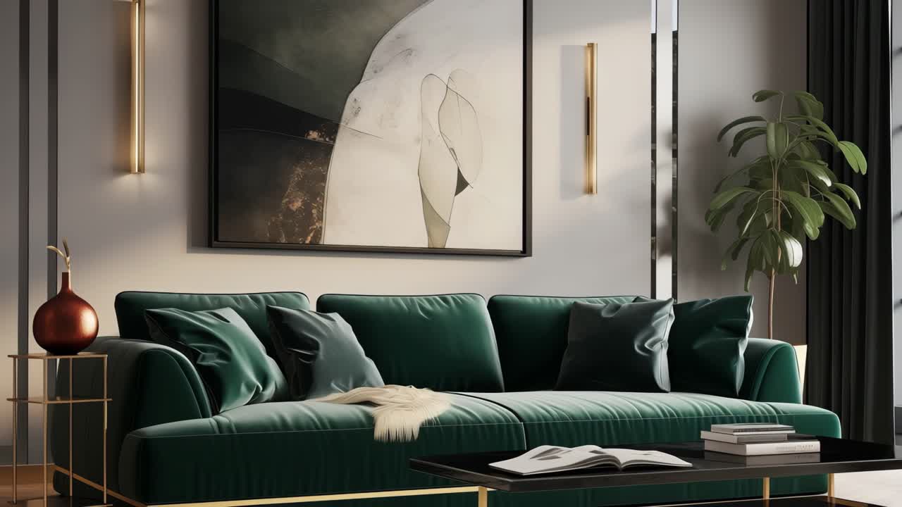 Luxurious and elegant living room features a green velvet sofa, abstract artwork, stylish lighting fixtures, and a contemporary coffee table creating a sophisticated and inviting atmosphere