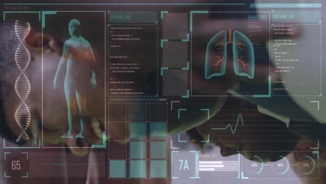 animación de estadísticas del cuerpo humano y datos sobre dos equipos de rugby multiétnicos que juegan rugby