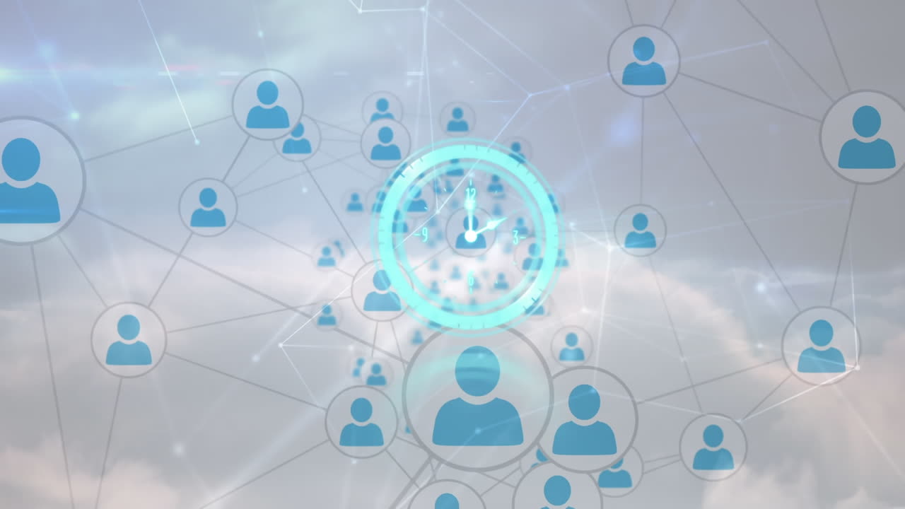 reloj de neón haciendo tic-tac sobre la red de iconos de perfil contra las nubes en el cielo