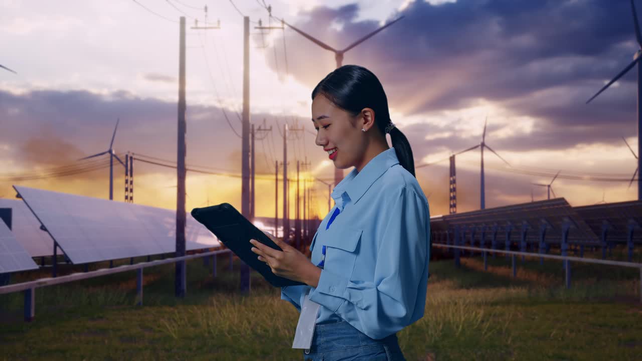 Side View Of Asian Female With Her Tablet With Solar Panel and Wind Turbines, Checking On Her Tablet With Meditation