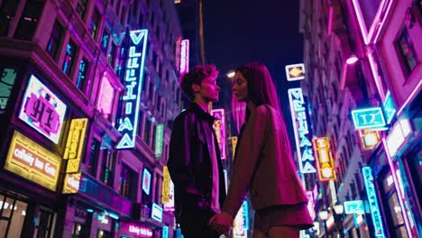 romantic young couple embracing, holding hands, gazing into each other's eyes under vibrant neon lights illuminating futuristic urban nightscape with glowing cyberpunk atmosphere