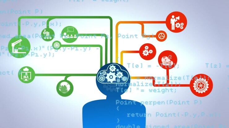 Animation of connections of icons and human model and data processing on grey background