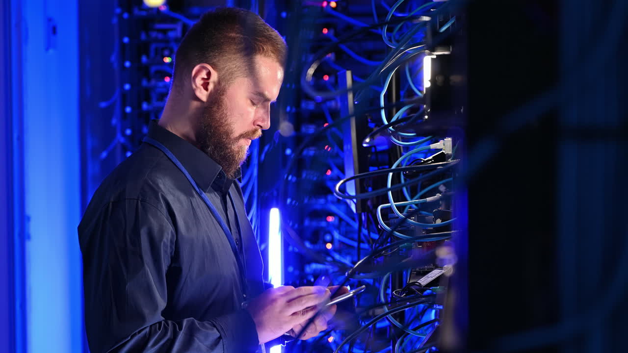 Man analysing data in a server room
