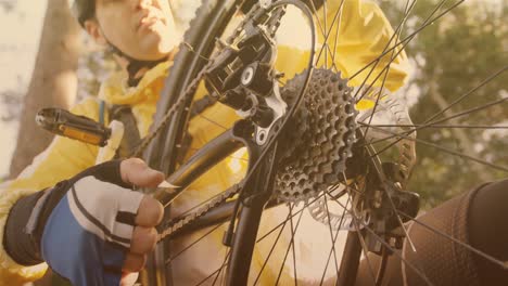 animation of caucasian man repairing his bicycle