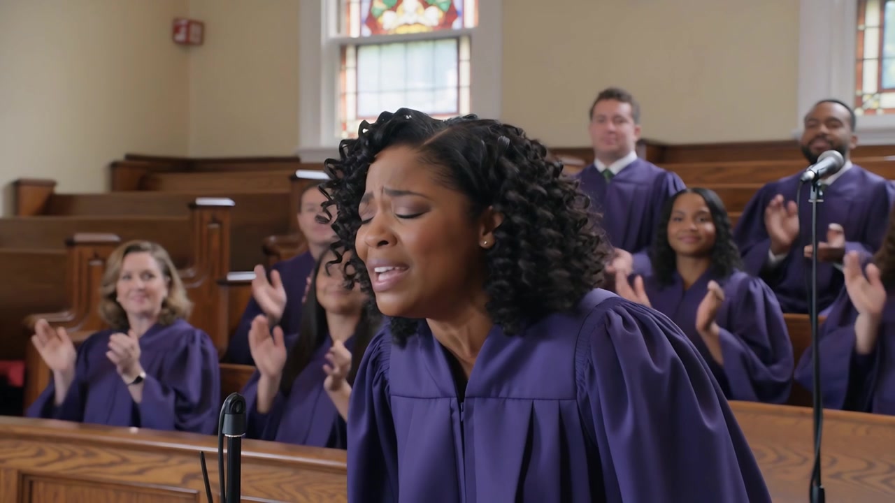 Singing Black soloist after musical cue, leading worship at church mic, purple-robed choir clapping