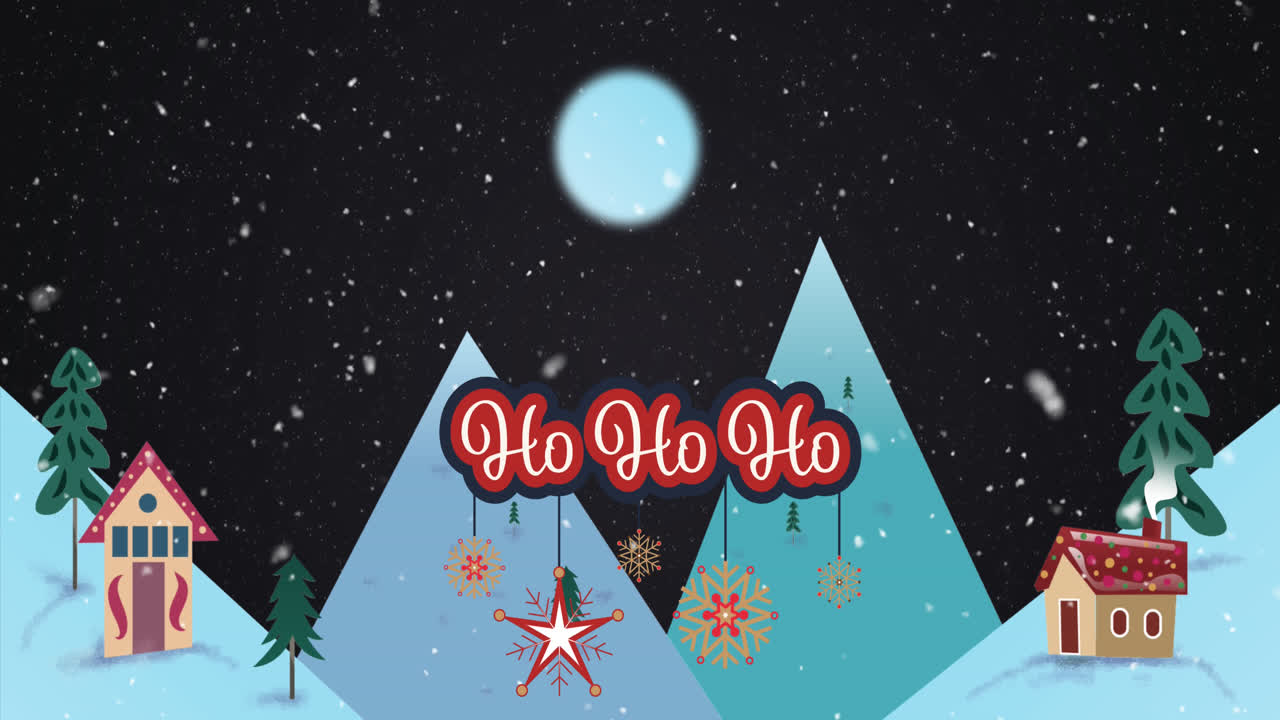 animación del texto ho ho ho sobre el paisaje de invierno en navidad