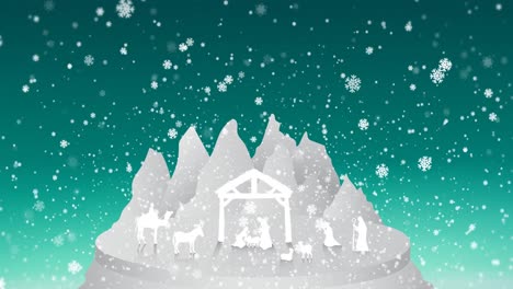 Animation-of-white-christmas-snowflakes-falling-white-nativity-scene-and-mountain-landscape
