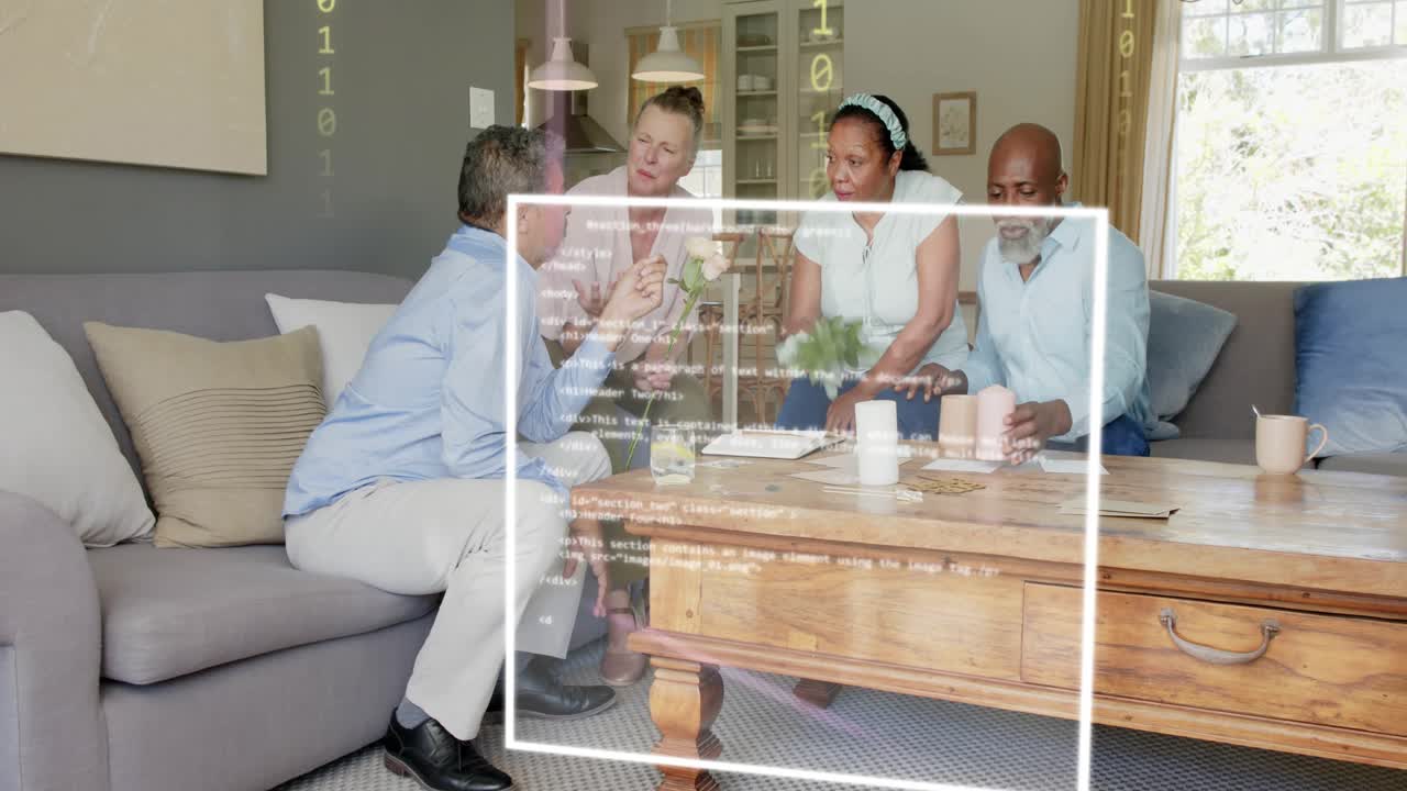 Four adults in living room reacting to AR overlay, reaching papers and plant, reviewing tech notes