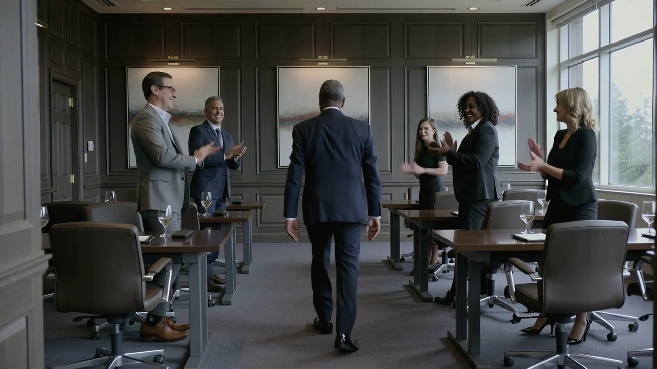 Entering exec in dark suit walking down aisle in conference room, colleagues clapping around tables