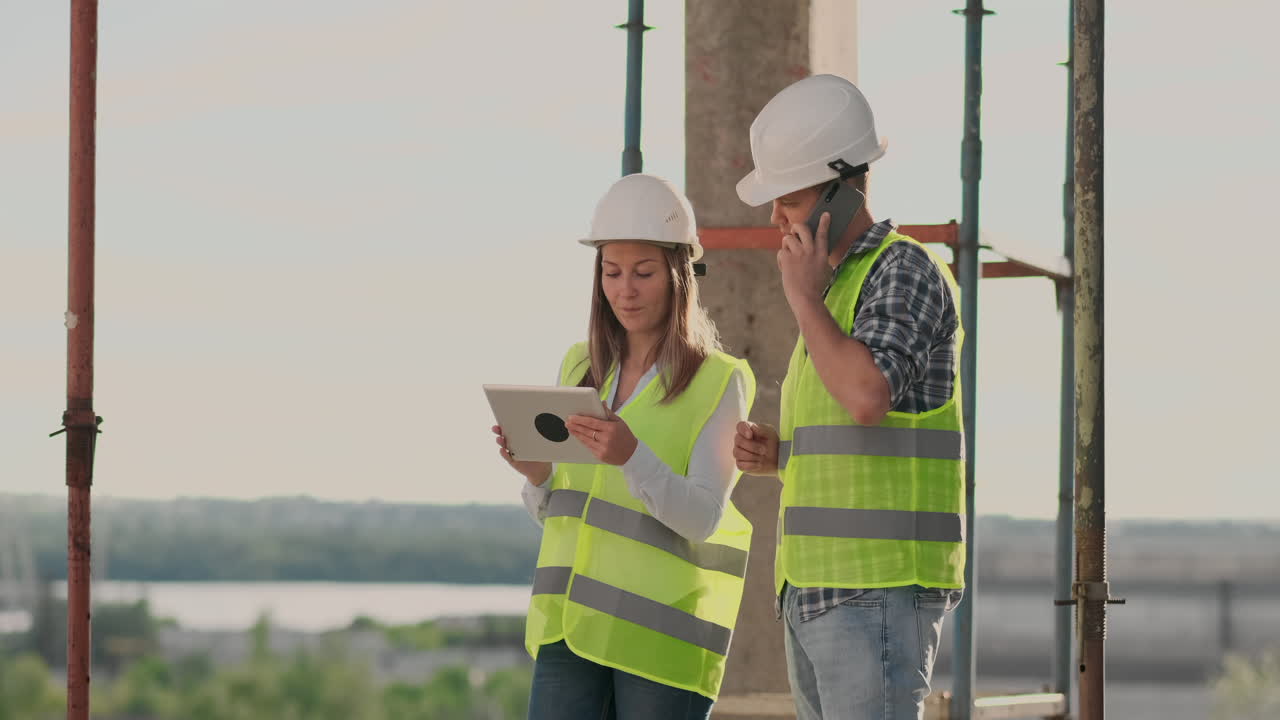 en la construcción con una mujer y un hombre constructores constructores ingenieros caminando a lo largo de ella. edificio en la construcción with a mujer y un varón ingenieros