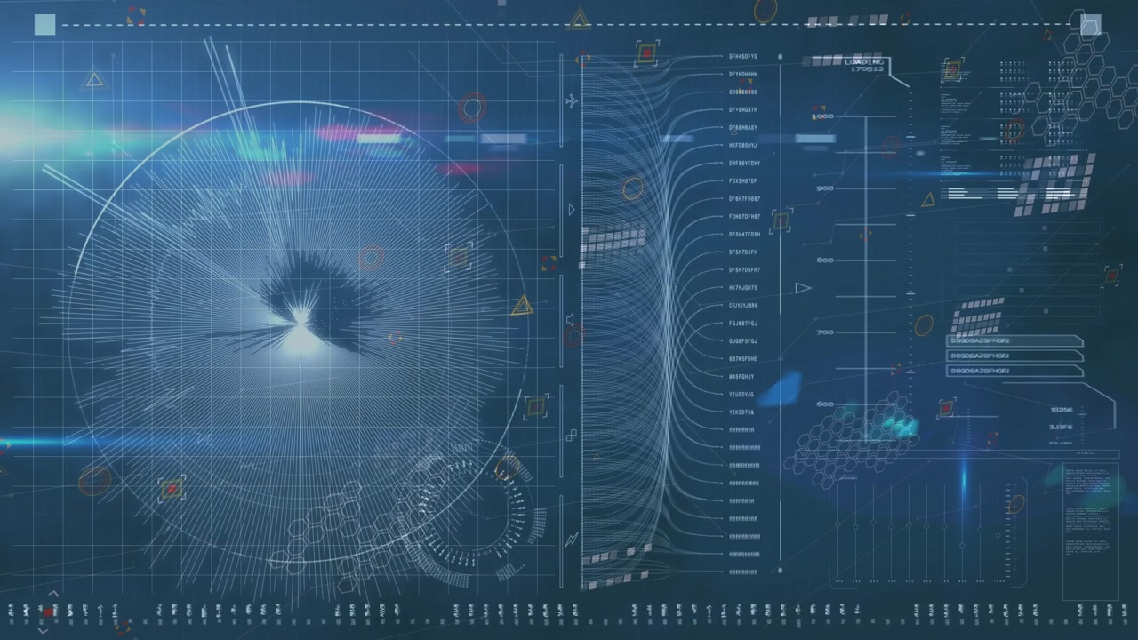 Animation of light trails over data processing on black background