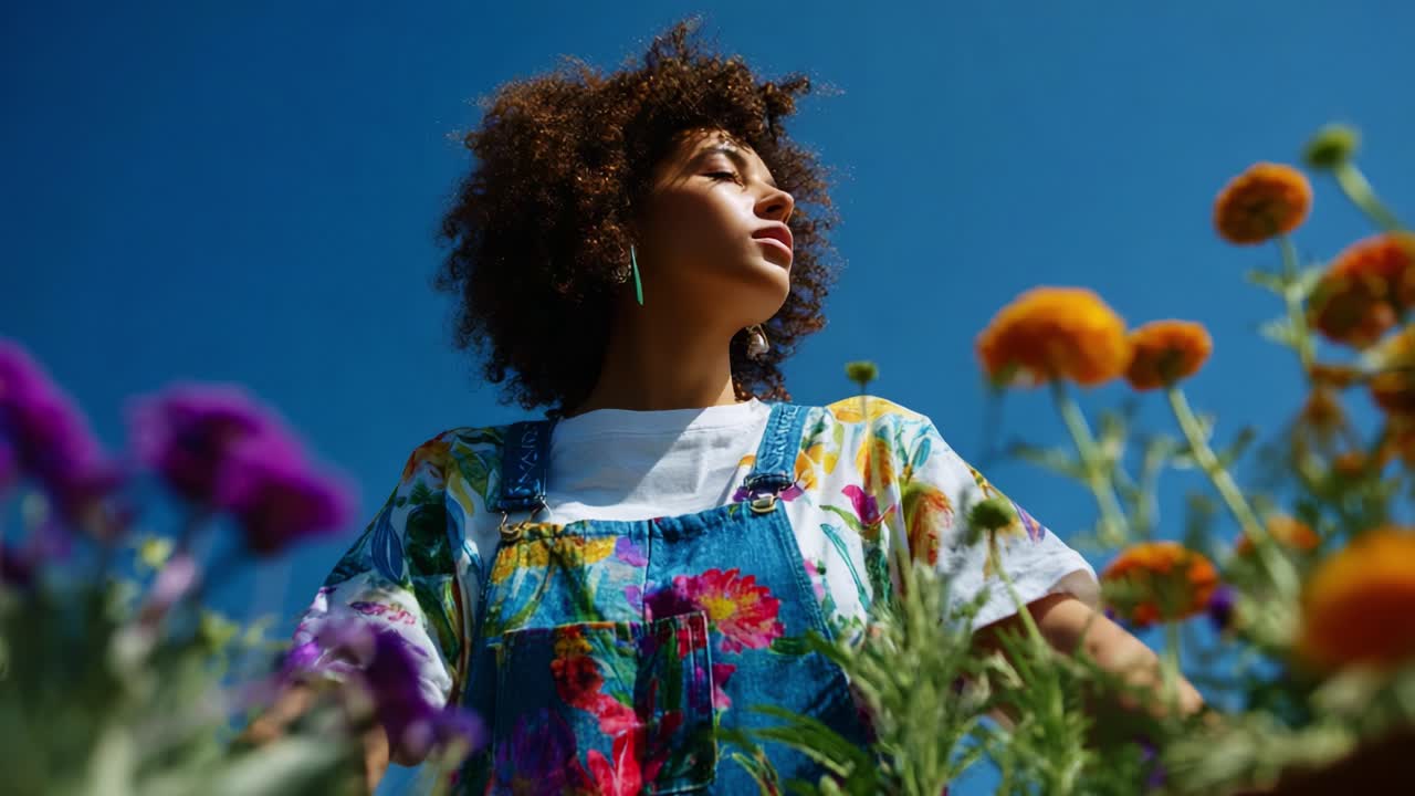 A Young Woman Standing Among Vibrant Wildflowers Under a Clear Blue Sky, Embracing Nature's Beauty with vibrant Colors and a Joyful Spirit, Capturing a Moment of Serenity and Connection