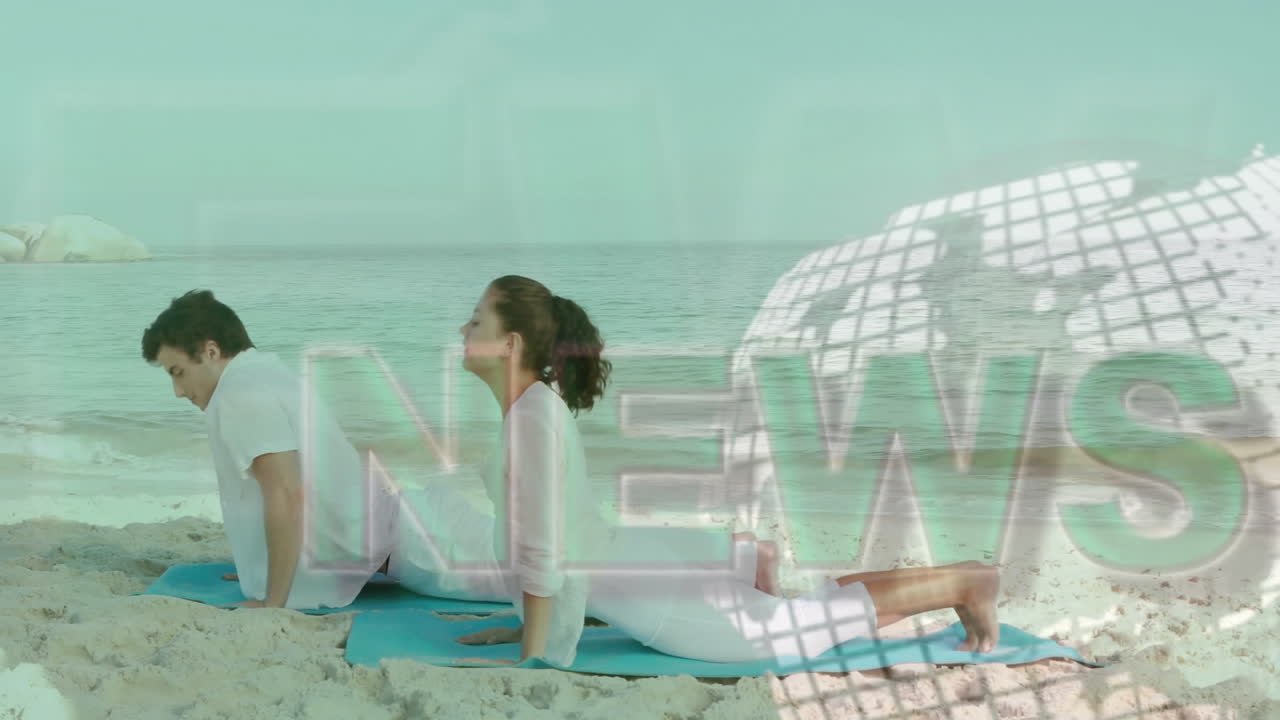 практикуя йогу на пляже, люди с новостной анимацией на заднем плане
