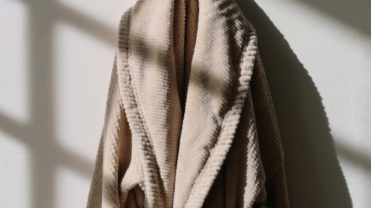 Telecamera che si muove verso il basso su una parete di casa, mostrando un accappatoio beige con tasca e cintura con gancio e l'ombra della finestra.