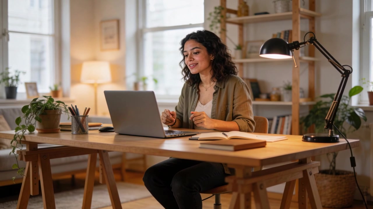 Reacting to call at home, woman in olive overshirt gesturing, typing on laptop to take notes