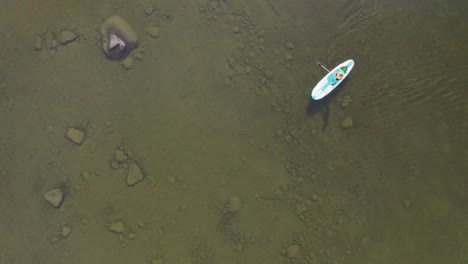 Drohnenaufnahmen-Einer-Frau-Auf-Einem-Sup-Board-Auf-Einem-See-Im-Sommer