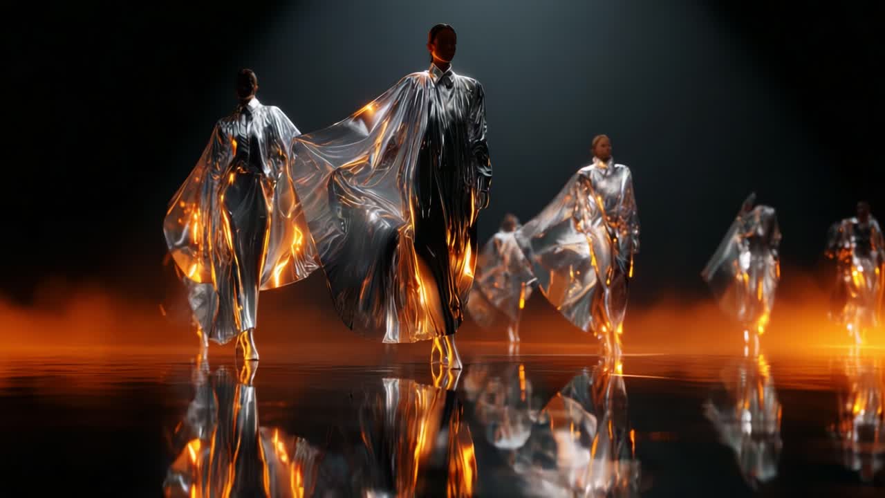 A Mesmerizing Display of Elegance: A Group of Dancers in Shimmering Silver Capes Captivate the Audience with Their Graceful Movements and Striking Presence on Stage