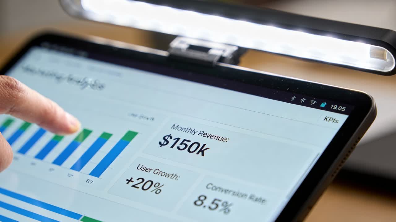 Analista de negócios tocando gráfico de barras e passando para Receita Mensal de US$150 mil com KPIs em destaque