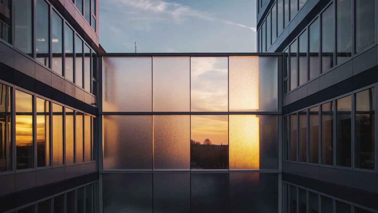 Facciata luminosa di un ponte che cattura il tramonto negli uffici, apertura centrale che mostra alberi, pannelli satinati