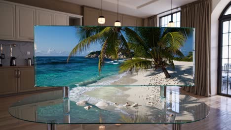ocean and tropical beach views in a modern kitchen