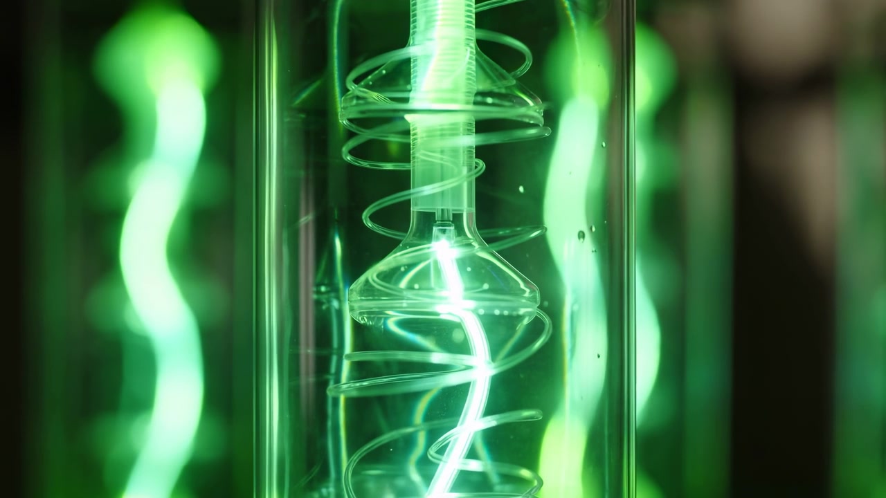 A bright green glass spiral stands centered in the frame, surrounded by blurred light streaks, reflections, and a dark abstract background with a futuristic
