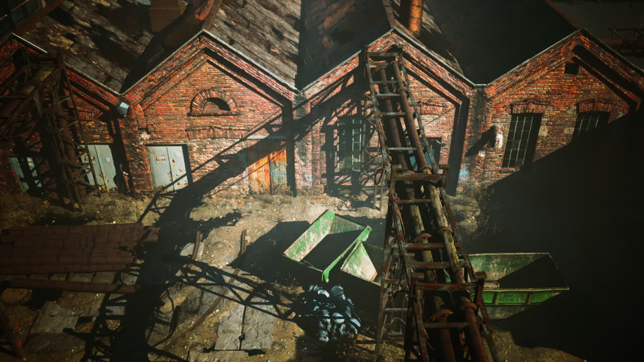 산업 지구 에 있는 콘크리트 폐허 와 함께 버려진 공장