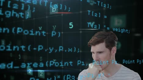 animación de un hombre caucásico pensativo pensando en los datos y el procesamiento de números en primer plano