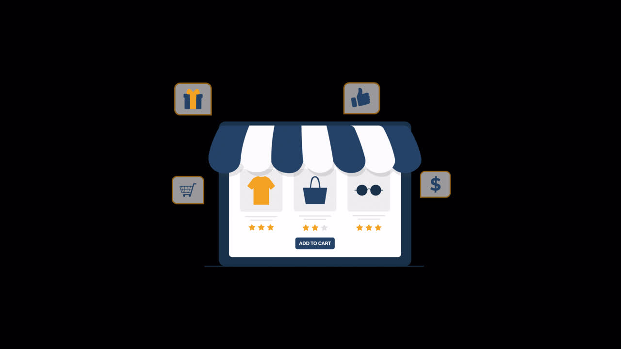 Negozio online animato con prodotti e icone e-commerce