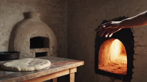 woman baking bread in a traditional clay oven