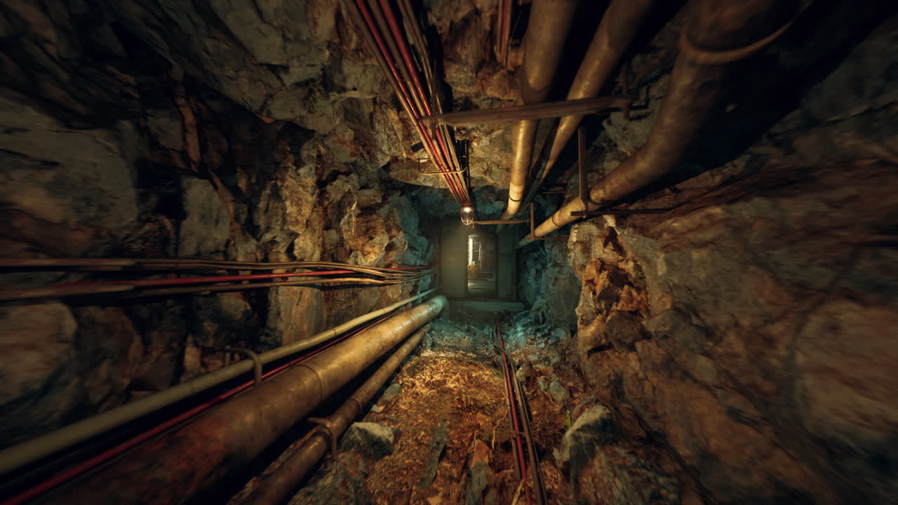 Descending into underground mine shaft with rusted pipes and cables