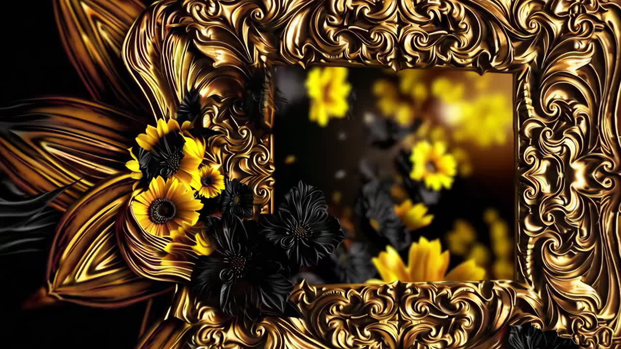 Ornate Golden Frame with Sunflowers and Black Flowers