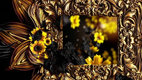 ornate golden frame with sunflowers and black flowers