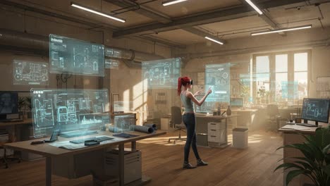 exploring innovative technology in a modern workspace with interactive displays and data visualization for enhanced productivity and collaboration