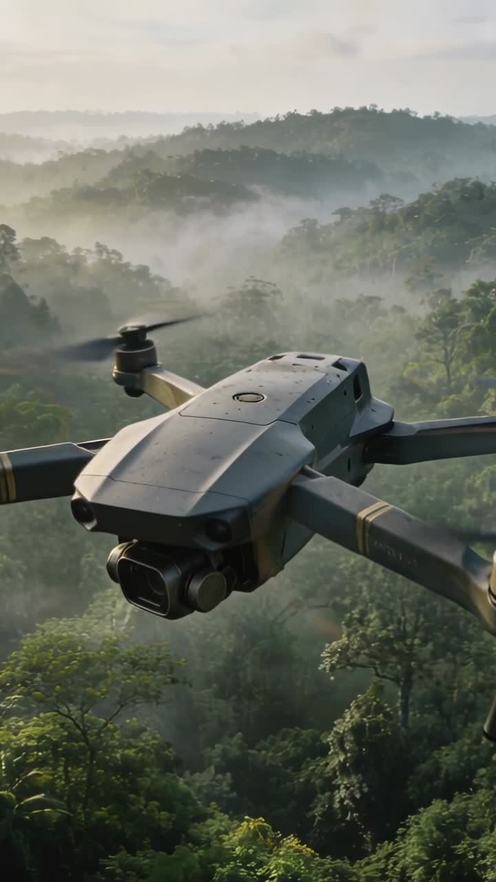 Drone in volo su un paesaggio di giungla tropicale nebbiosa