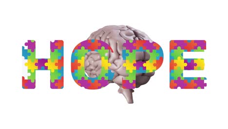 animation of hope made of colorful puzzles and brain rotating on white background