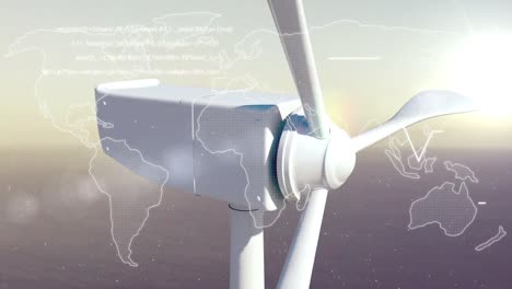 animation of world map and data processing over wind turbine