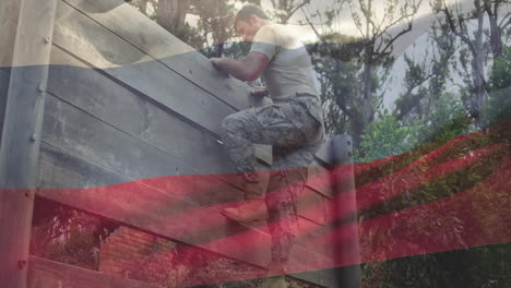 training on obstacle wall, soldier climbing over russian flag animation