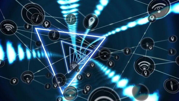 Animation of network of connections with icons over blue background