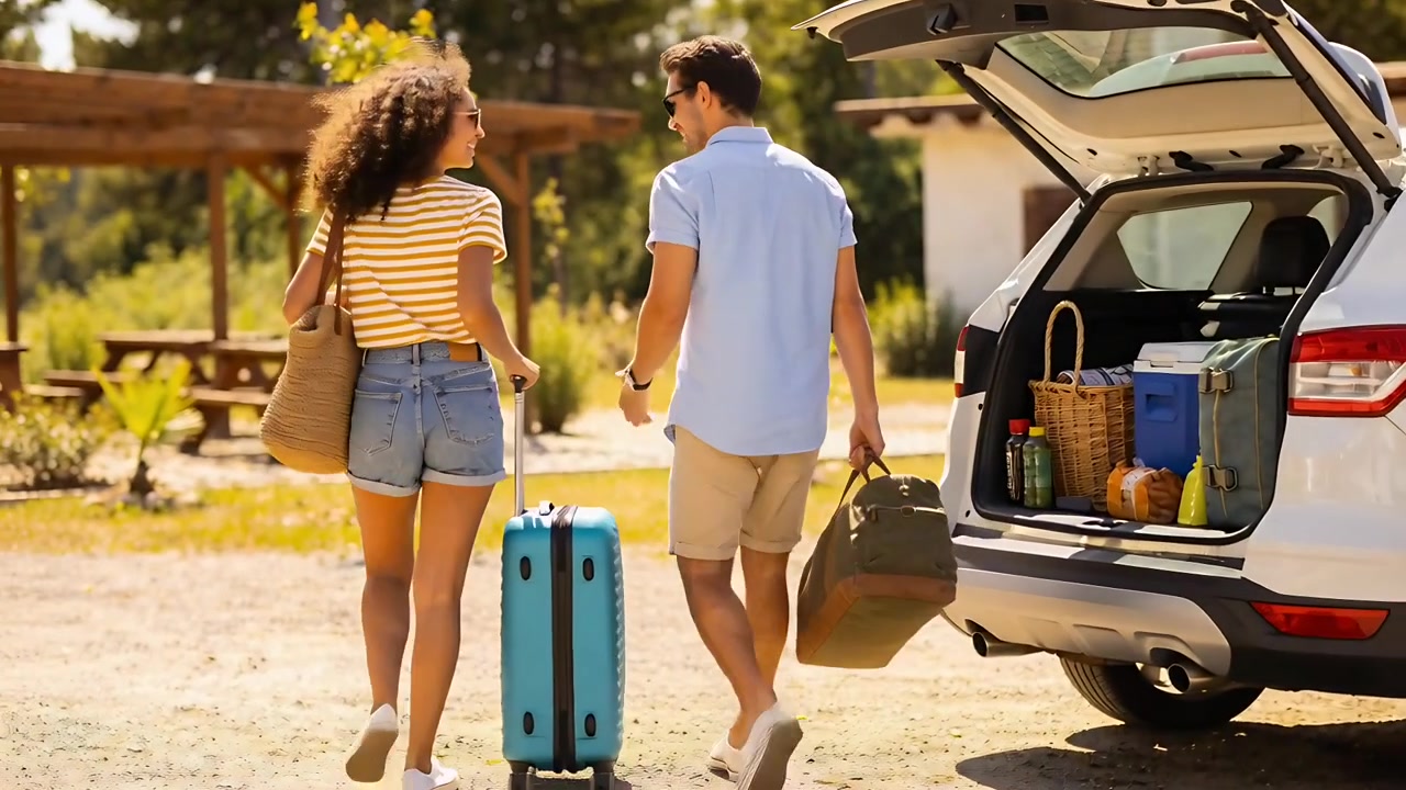 Pareja caminando después de que el hombre gesticule, tirando de una maleta turquesa con una bolsa de lona verde oliva hacia un pabellón para un picnic