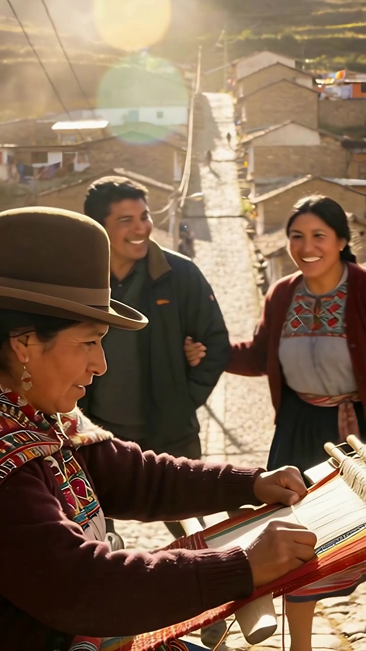 Video vertical: Tejedora de sombreros de fieltro usando un telar en una colina, vendiendo tela mientras una pareja pasa, con espacio para texto.
