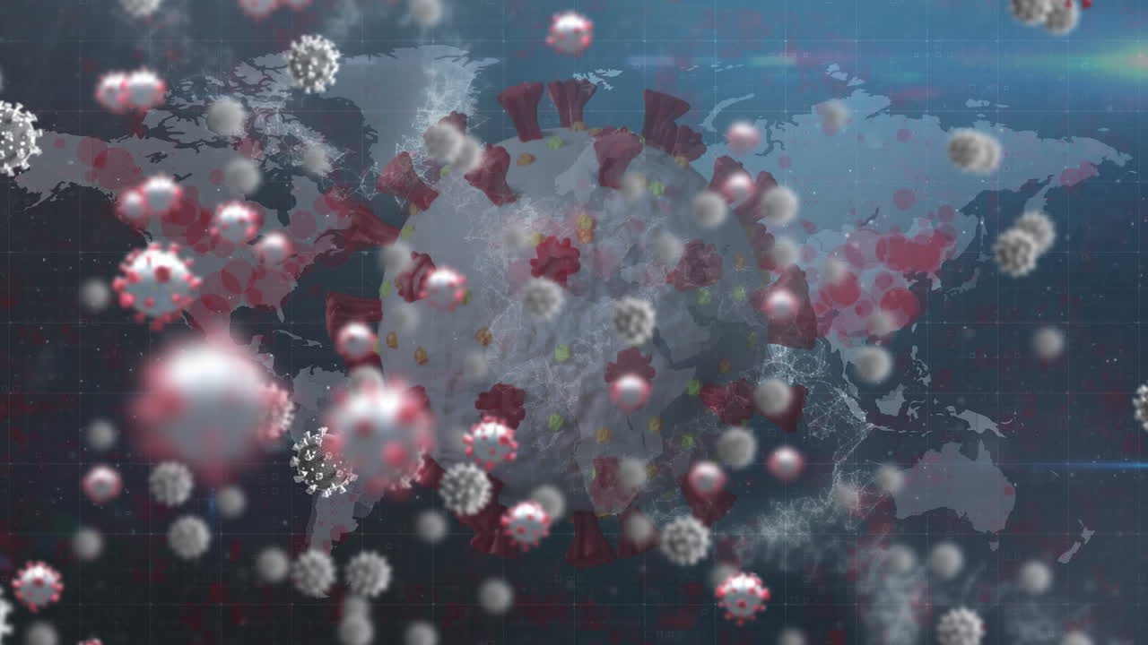 회전하는 세포와 세계 지도 위에 떠있는 바이러스 세포의 애니메이션