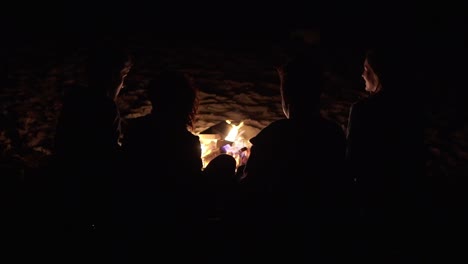 back view of unrecognizable people sitting together by the fire late at night. cheerful friends talking and having fun together