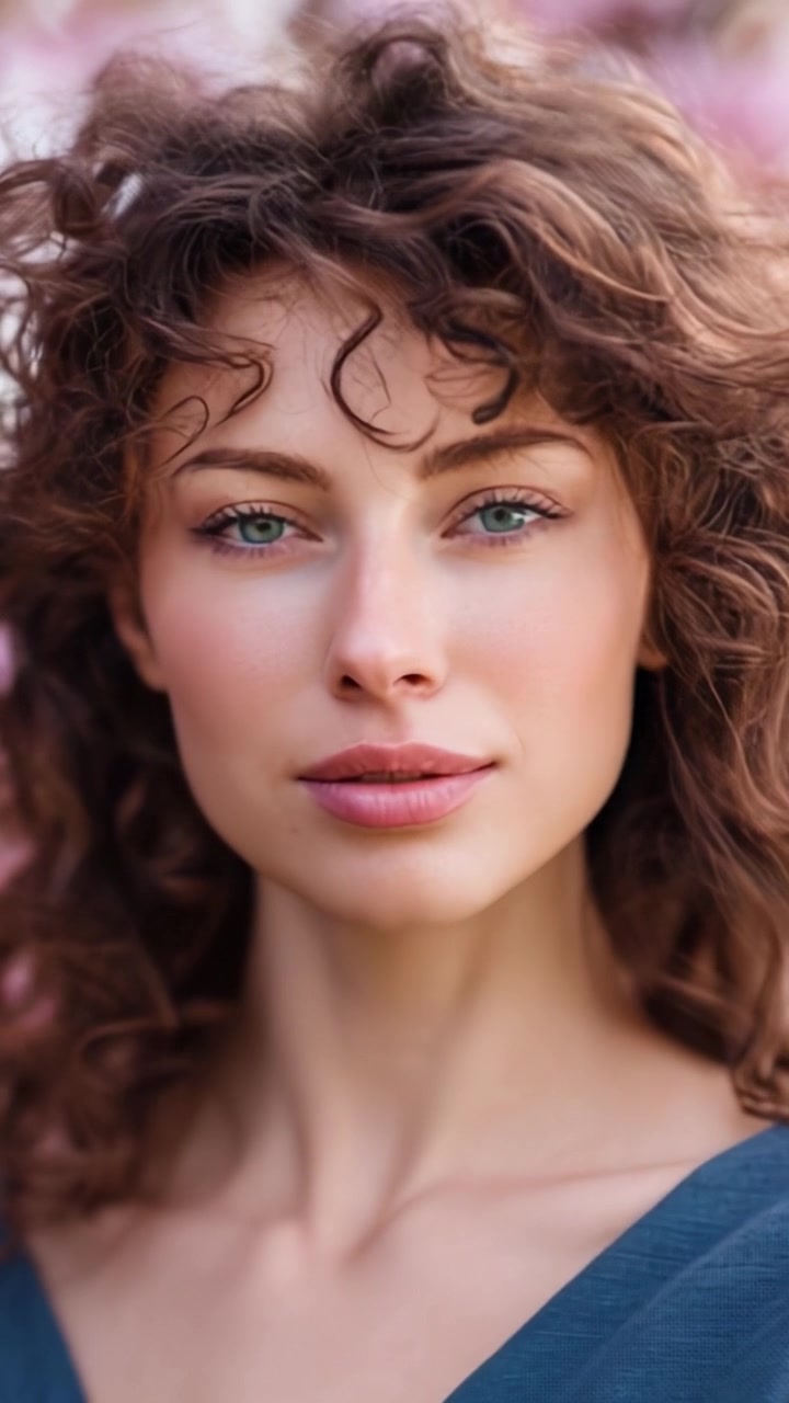 Uno splendido ritratto di una giovane donna con capelli ricci su uno sfondo floreale delicato, che irradia bellezza naturale e sicurezza nella stagione primaverile.