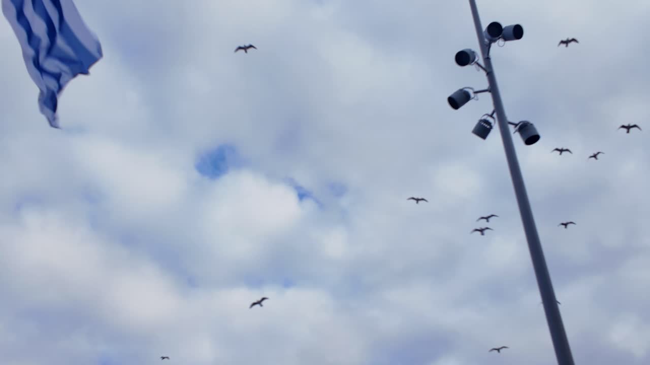 Birds fly in circles near a modern surveillance pole under a cloudy sky, blending nature and surveillance tech. Amsterdam, Noord-Holland, Netherlands