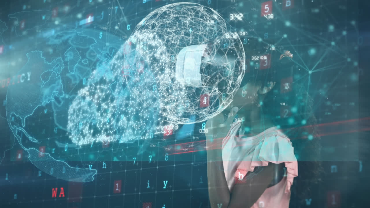 animación de procesamiento de datos e íconos y globo sobre escolar que usa auriculares vr
