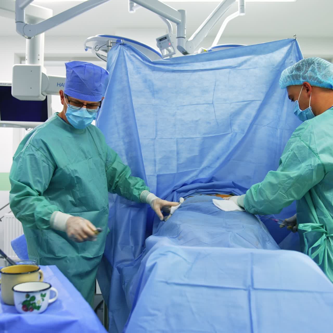 Male doctors standing on both sides from a patient. Professional doctors making injections into the sides of patient's body