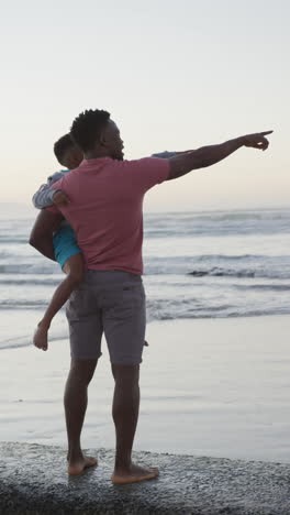 video vertical de un padre y una hija aricanamericanos en la playa al atardecer