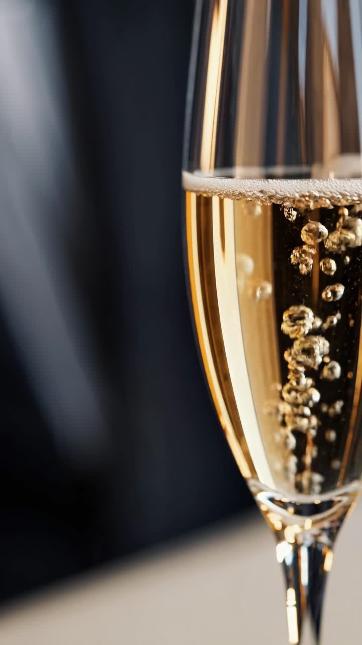 Ripresa video ravvicinata di un flûte di champagne con bollicine che salgono, che mostra eleganza e celebrazione.