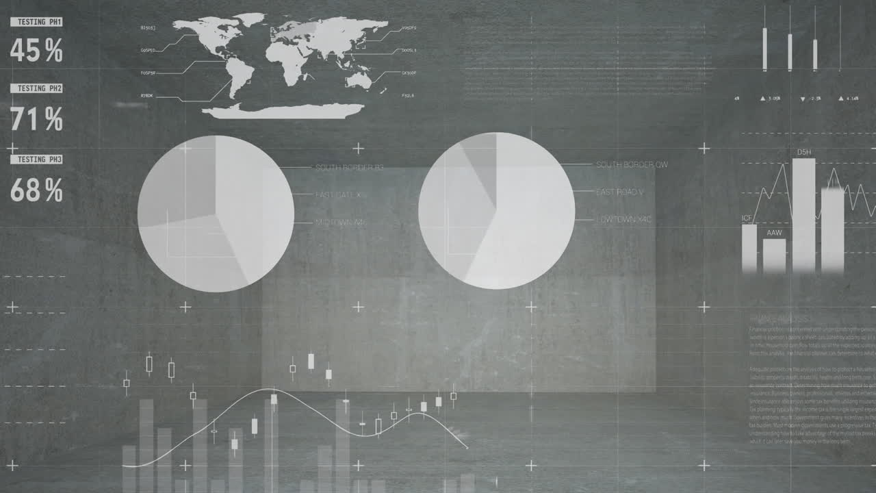 비어있는 사무실 복도에 대한 그리드 네트워크를 통해 통계 데이터 처리의 애니메이션