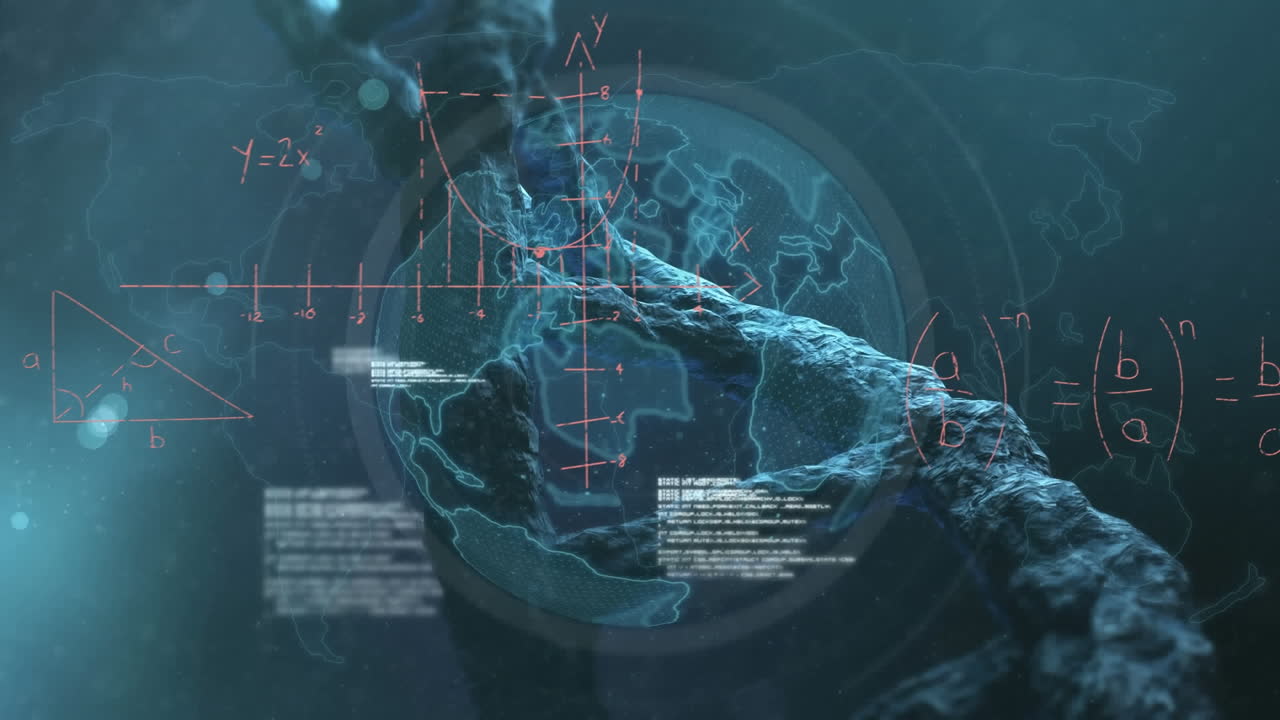 dna 가닥의 애니메이션과 검은색 배경의 그리드 상의 데이터 처리